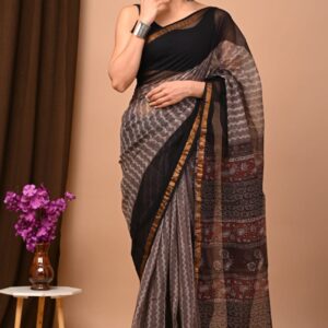 Kota Doria Saree - Ajrakh Hand Block Printed - Ask For Price (₹)